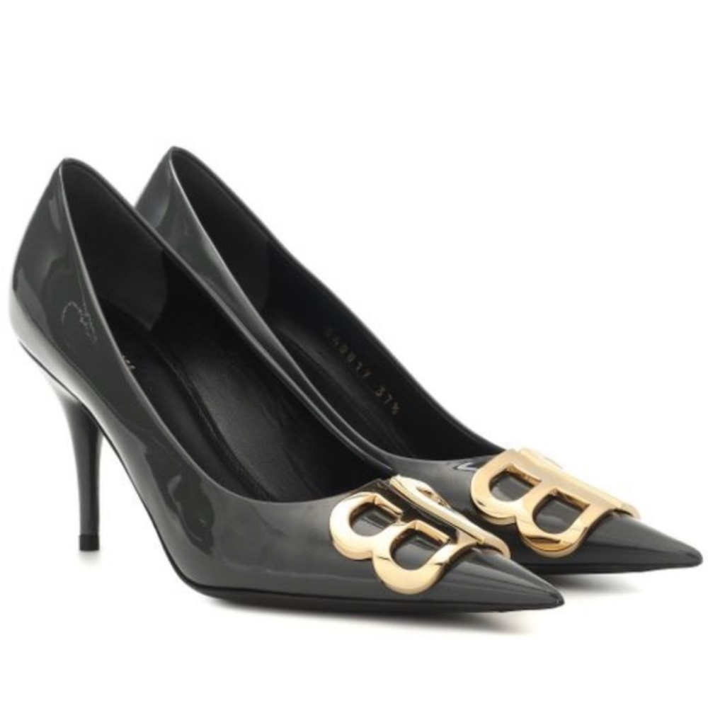 Balenciaga BB Patent leather Gray Logo knife heels RETAIL 950